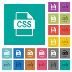 CSS file format multi colored flat icons on plain square backgrounds. Included white and darker icon variations for hover or active effects.