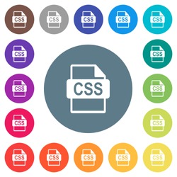 CSS file format flat white icons on round color backgrounds. 17 background color variations are included.