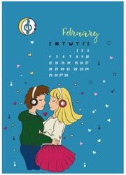 calendar for the month of February 2018, a girl and a guy hugging and listening to the music of the night close to the stars and hearts