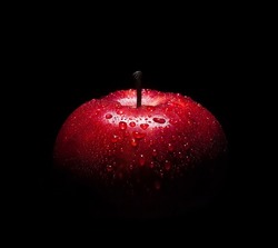 fresh red apple with droplets of water against black background with space for text