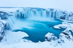Beautiful Godafoss-Waterfall in Winter Covered in Snow, Iceland