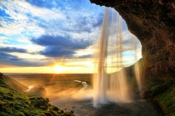 Seljalandfoss waterfall at sunset, Iceland