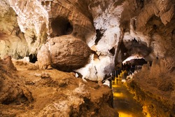 Stalagmites and stalactites in Ruakuri Cave, Waitomo, New Zealand 