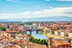 Florence Aerial View of Ponte Vecchio Bridge during Beautiful Sunny Day, Italy 