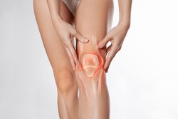 Knee pain, meniscus inflamed, human leg medically accurate representation of an arthritic knee joint. Persistent, sharp discomfort in the knee joint, accompanied by swelling and stiffness	
