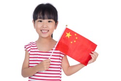 Asian chinese little girl holding Chinese Flag in isolated white background