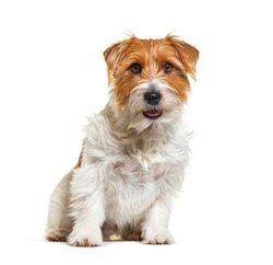 Mixed-breed dog with jack russel terrier, sitting, panting, isolated on white