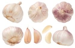 Garlic set isolated on white background. Top view.