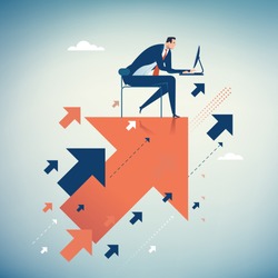 Hard Work Leads to Success. Businessman working on flying arrows. Concept business illustration
