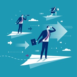 Flight. Business persons balancing on the paper airplanes. Business vector concept illustration