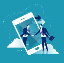 Internet Business. Businessmen shaking hands through display of a big smart phone. Business concept vector illustration.