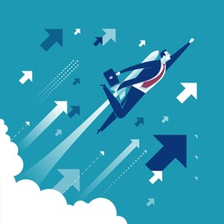 Lift off. Businessman flying up with a rocket engine. Concept business vector illustration