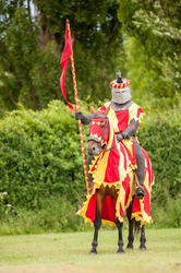 Medieval knight costume on a horse and man with flag 