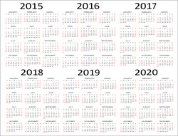 European 2015, 2016, 2017, 2018, 2019, 2020 year vector calendars