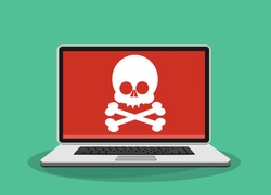 Laptop with  skull on the screen. Concept of virus, piracy, hacking and security. Flat vector illustration.