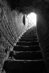 stone corridor with stairway in ancient tower of the Kremlin, interior, Smolensk, Orel tower 2013