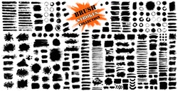 Brush strokes bundle. Vector paintbrush set. Circle frames. Round grunge design elements. Rectangle, square and burst text boxes. Dirty distress texture banners. Ink splatters. Grungy painted lines