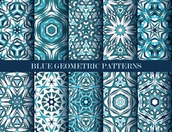 Set of blue kaleidoscope seamless patterns. Decorative mandala ornaments. Geometric design elements. Water wallpaper, fabric, furniture, paper print. Abstract vector flowers and stars. Elegant style