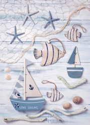 Marine life decoration on a wooden background. Top view.