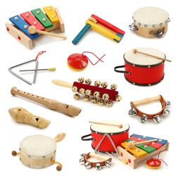 Musical instruments collection on white background
