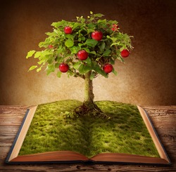 Tree of knowledge growing out of book