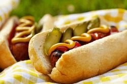 Hot dog with relish mustard and ketchup FoodCollection Stock Photo