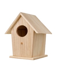 Isolated objects: handmade wooden bird nesting box, bird house, on white background