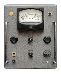 Isolated objects: very old control panel with switches, lamps, indicators, scales and dials, on white background
