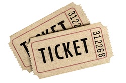 Two old movie ticket stub isolated white background.