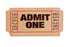 Old ticket : admit one movie ticket isolated on white background.  