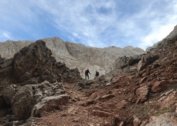 Mountaineers resting at Aladaglar Mount Emler route in Nigde, Turkey. Aladaglar is most important mountain range in Turkey.