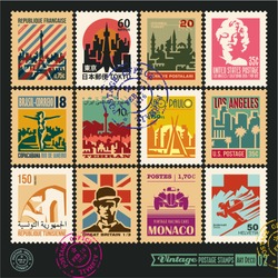 postage stamps, cities of the world, vintage travel labels and badges set, seal and postmark design templates set 2. (French Republic, Tokyo Japan, Republic of Tunisia, Islamic Republic of Iran)