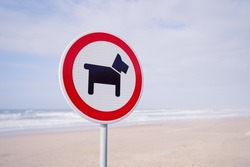 No dogs allowed signal at the beach. Dogs prohibited. Sign that prohibited dogs from entering the beach. Red sign dog prohibition, forbidden dogs.