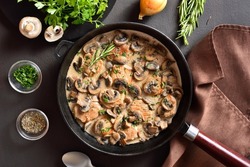 Pork medallions with mushroom gravy in cast iron pan over dark stone background. Top view, flat lay