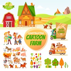 Big set of cartoon farm elements and characters. Farm constructor.Create your own cartoon farm. Buildings,people,farm animals,cars,trees,vegetables,fruits isolated on white. Vector illustration