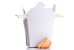 container of chinese food with chop sticks