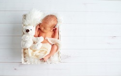Cute newborn baby sleeps with a toy teddy bear in the basket