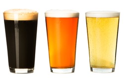 Three pints of craft beer stout ale pilsner lager isolated on white background