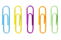 Five different colored paperclips isolated on white background for use alone or as a design element