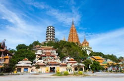 Thai and Chinese temples on the hills, Kanchanaburi province.