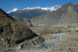 Views of the Himalayan mountains from Jomsom in the Mustang district in Nepal.