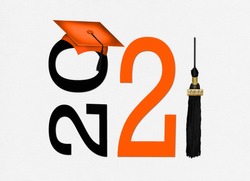 orange graduation cap with black tassel 3d illustration for the class of 2021 isolated on white background 