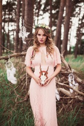 Woman With Whitetail Deer Skull And Antlers