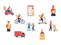 group of eight delivery workers team characters vector illustration design