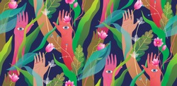 Esoteric hands arms palms and eyes with flowers and jungle modern seamless pattern design. Colorful vivid meditative mysterious graphic design seamless pattern background. Spiritual hands palms.