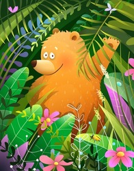Cute baby bear greeting card for kids, waving from lush foliage in forest or jungle. Children amusing animal design. Vector illustration in watercolor style.