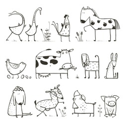 Funny Cartoon Farm Domestic Animals Collection for Kids Coloring Page. Countryside cottage animals illustration for children coloring book. Vector EPS10.