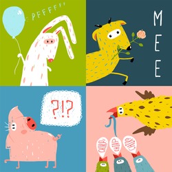 Bright Cartoon Farm Animals Square Greeting Cards. Amusing vivid baby animals illustrations for kids. Vector EPS10.