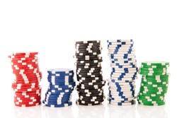 Five stacks colorful poker chips isolated over white background