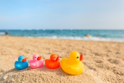 Row colorful ducks at the summer beach